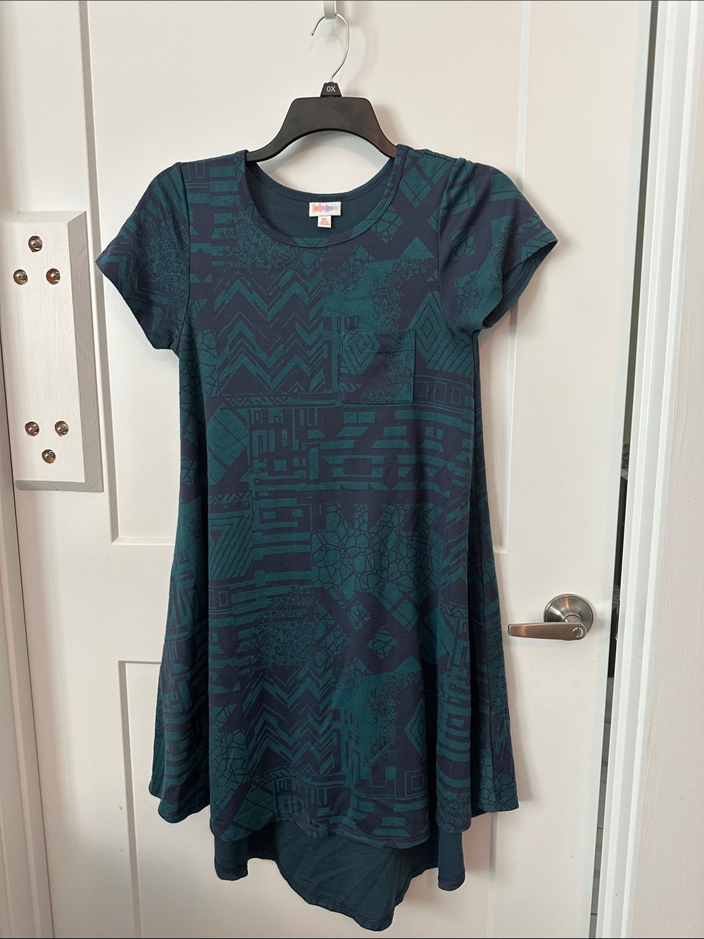 LuLaRoe Carley Teal and Navy Short-Sleeve A-Line Dress